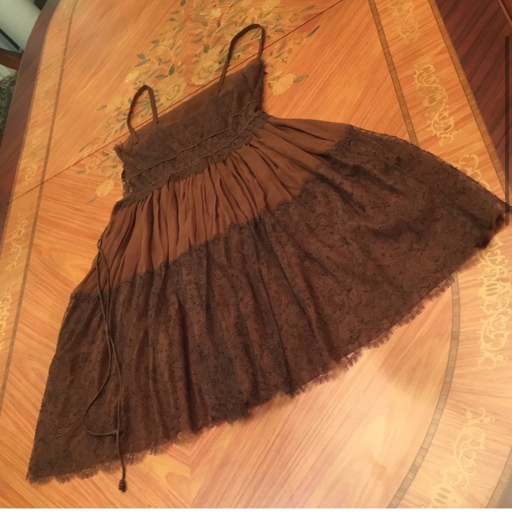 Bottega Veneta 100% Silk floral lace brown mini dress with ties sz.XS